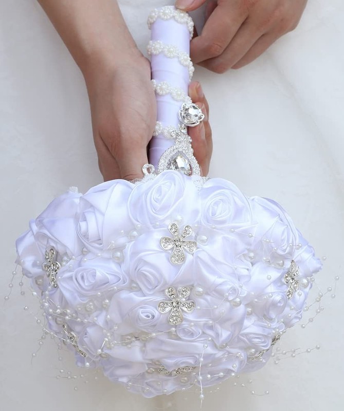 Sharebeauty 9.4 Handmade Satin Rose Bridal Bouquet Toss Round Wedding Bouquet gallery