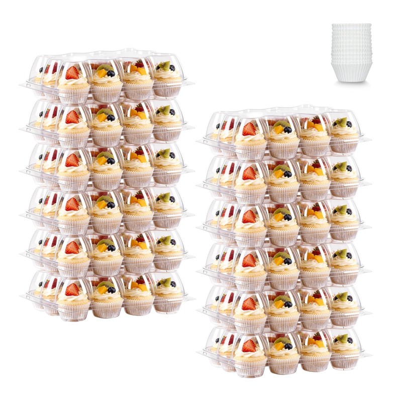 12 CountX12 Pack Cupcake Containers Stackable Carrier with 144 Liners Clear