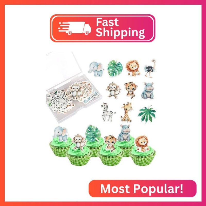 Rsstarxi 60 Pack Safari Animals Edible Cupcake Toppers Green Leaf Woodland Anima