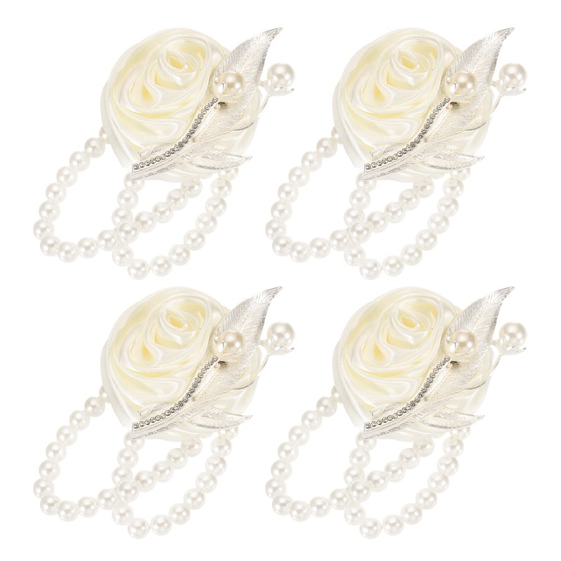 4Pcs Artificial Flower Bracelets for Wrist Corsage, 2.4 x 2.8 inches Milk