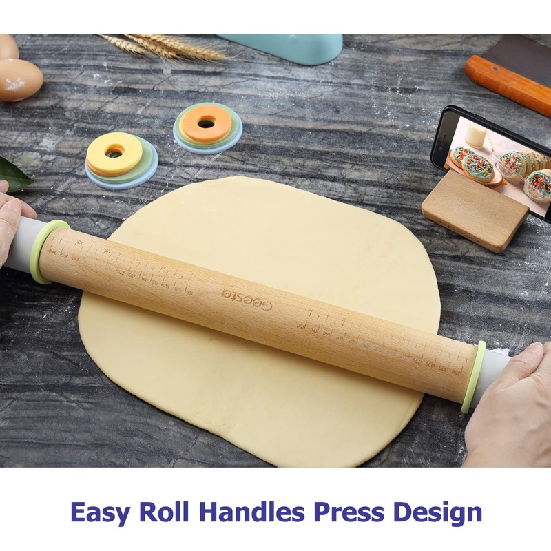 Adjustable Wood Rolling Pin with 5 Thickness Rings, Precise Dough Roller Hand... gallery