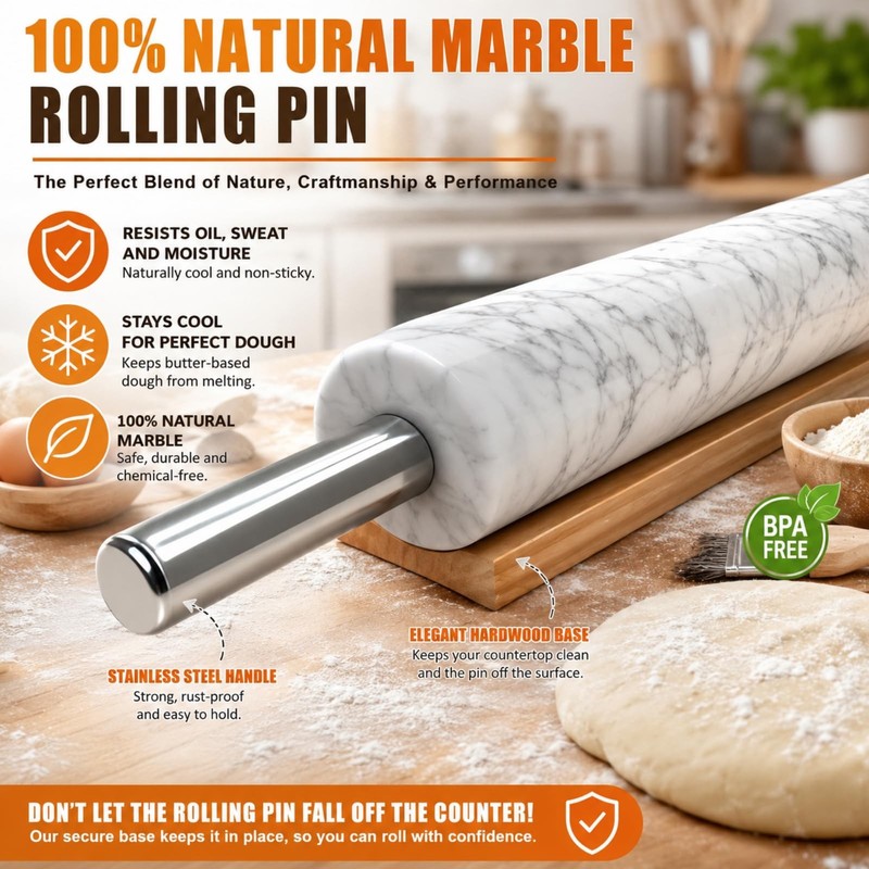 Premium White Marble Rolling Pin Set with Natural Veins, Stainless Steel Hand... gallery