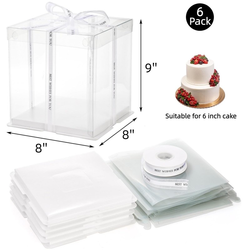 6 Pcs Clear Cake Box with Ribbon 2-Layer Tall Packaging Boxes 8x8x9 Inch PET gallery
