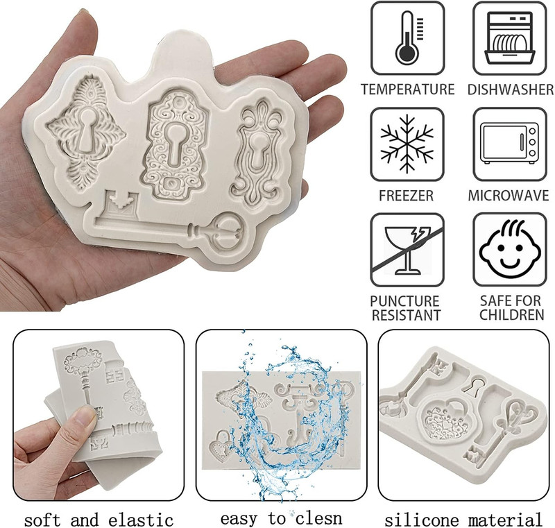 Vintage Key Fondant Molds (4 Pack), Lock Keyhole Silicone Chocolate Molds, Mini gallery