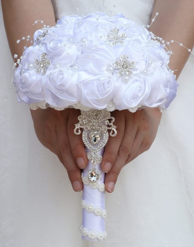 Sharebeauty 9.4 Handmade Satin Rose Bridal Bouquet Toss Round Wedding Bouquet gallery