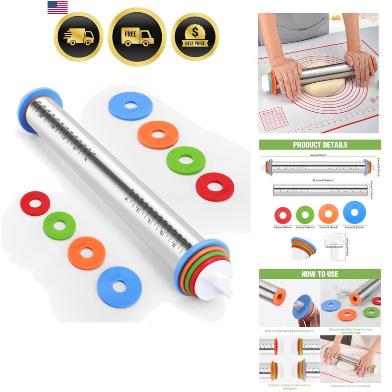 Rolling Pin with Adjustable Thickness Rings for Baking,Stainless Steel Dough …