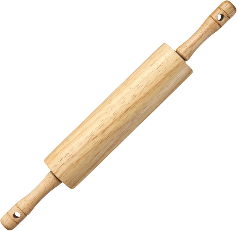 Natural Rubberwood Rolling Pin W/ Handles – Smooth Dough Roller Pizza Pie Crust