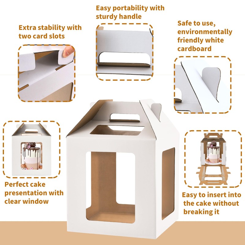 10x10x10 Inch Tall White Cake Bakery Box Windows Handle Tiered Carrier gallery