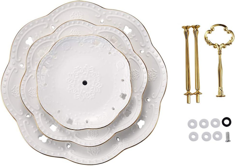 3-Tier Porcelain Embossed Cupcake Stand - Pure White Rimmed with Gold Dessert Ca gallery