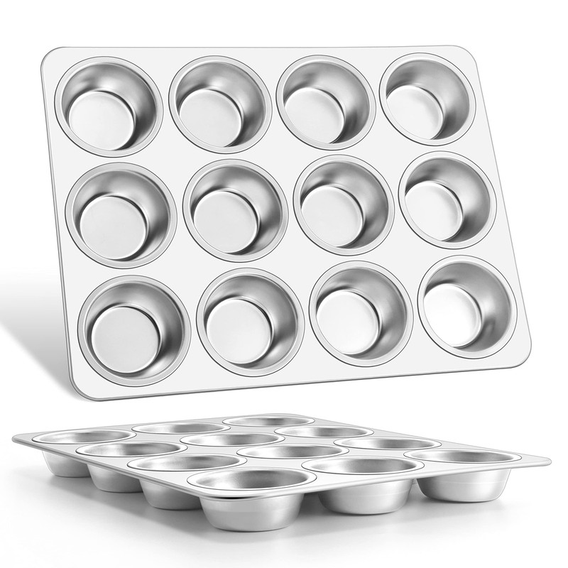 E-far Muffin Pan 12-Cup, Set of 2, Stainless Steel 13.7”x10.4”x1.25”, Silver
