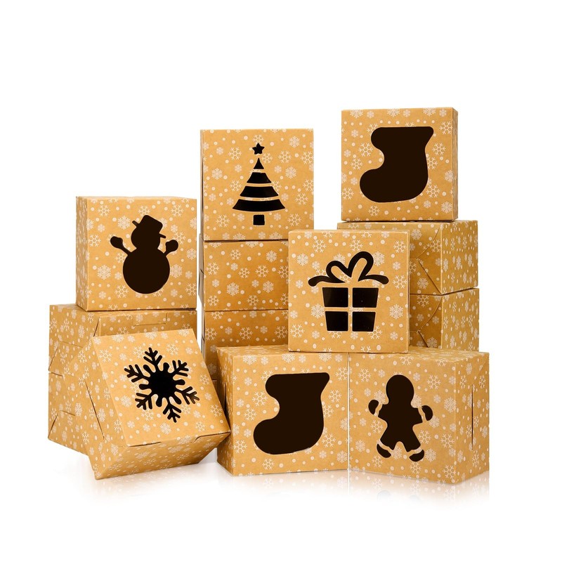 36 PCS Christmas Cookie Boxes 4x4x2.5-inch Brown Bakery Box with Window