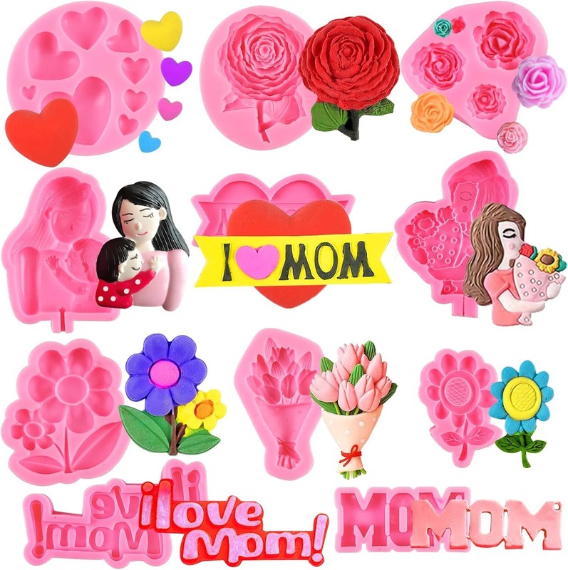 11 Pcs Valentine’s Day & Mother’s Day Fondant Mold Set, 3D Mom ， I Love You