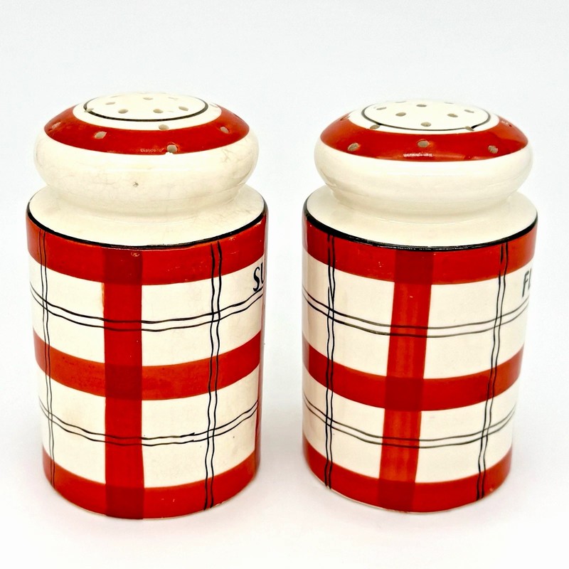 VTG Set Of 2 T T The Takito Co Japan Red & White Plaid Flour & Sugar Shakers gallery