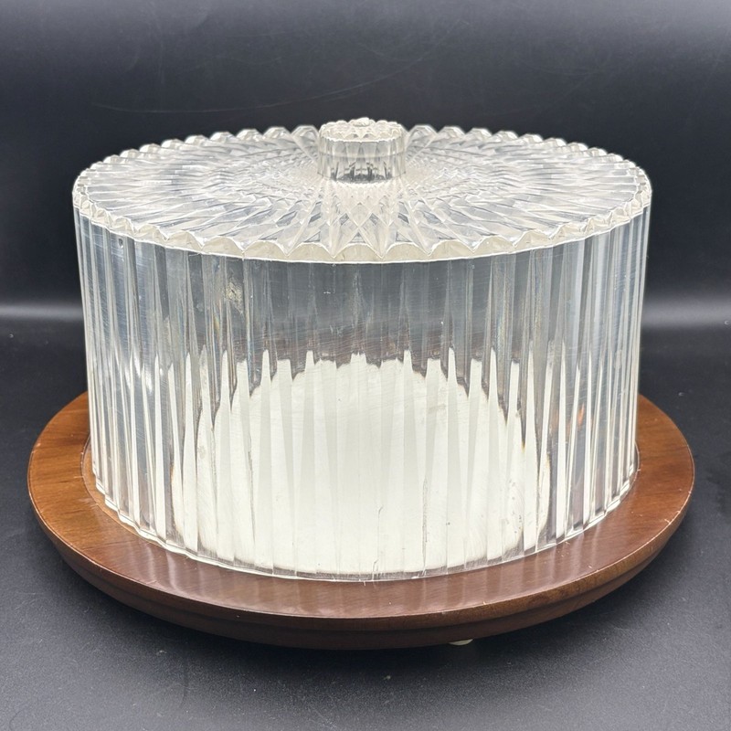 MCM Vintage Hellerware Plastic & Wood Base Cake Stand Dome Lid w/ Insert Hosting