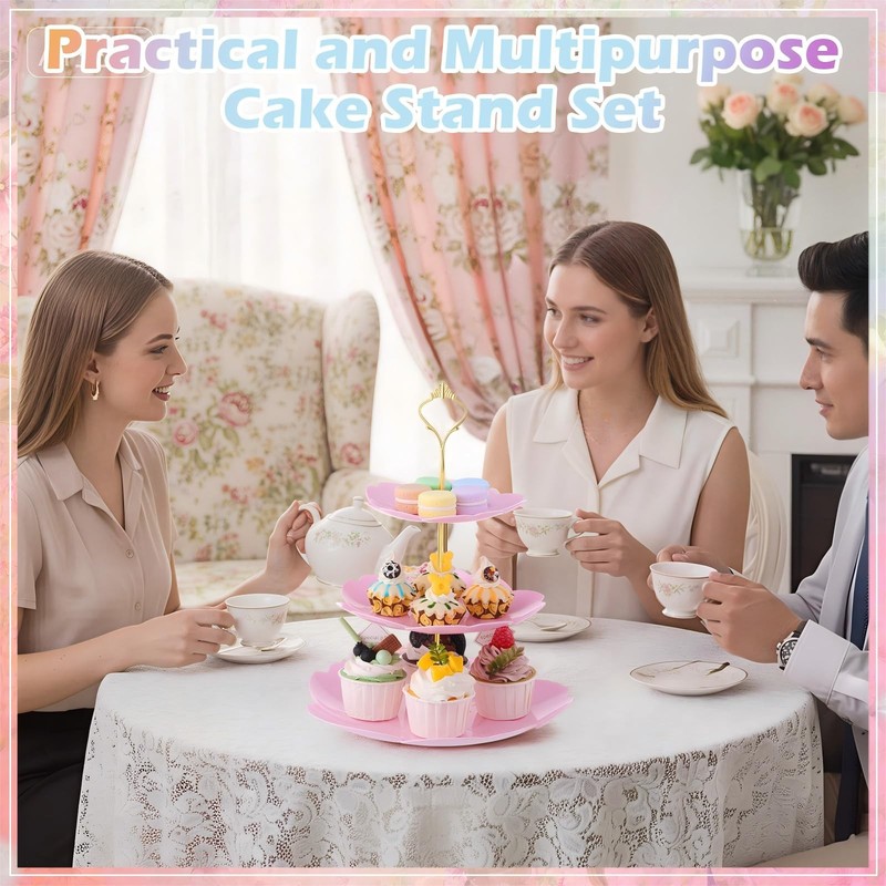 3 Sets Tea Party Decorations of 3 Tier Wedding Plastic Dessert Table Display ... gallery