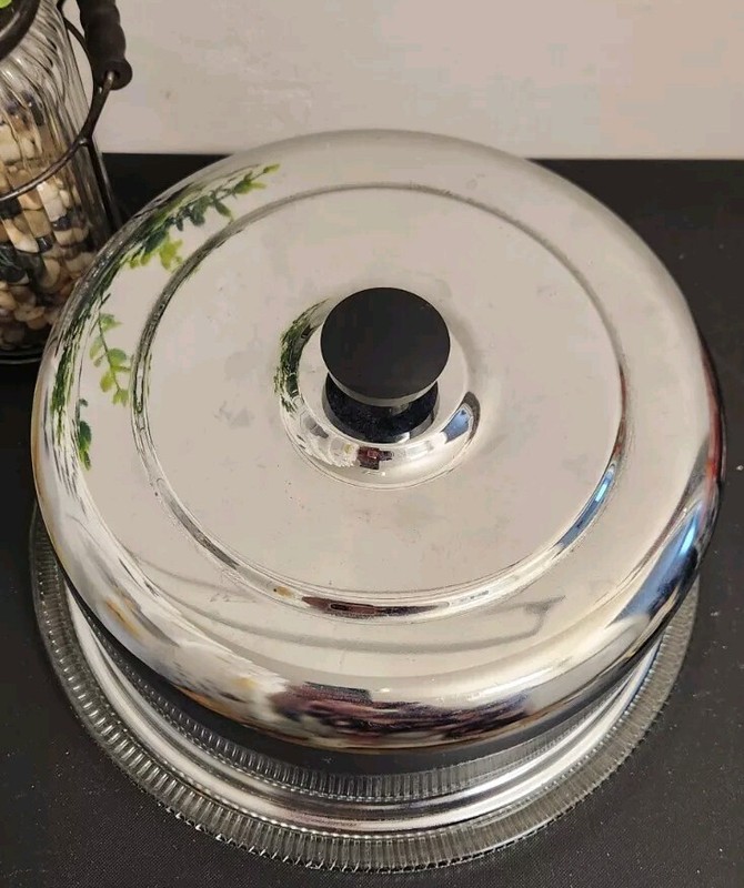 Vintage Footed Glass Cake Plate Chrome Dome Cake Cover Excellent Vintage Cond.