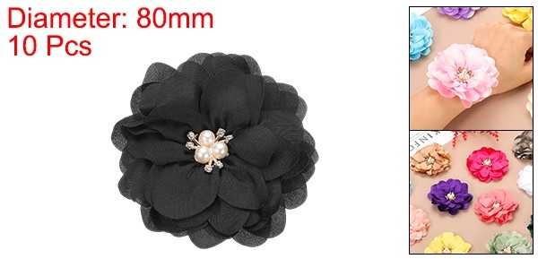 10Pcs 3.15 Inch Rhinestone Chiffon Flower Fabric Appliques Black gallery