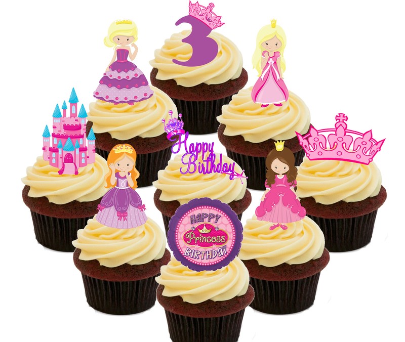 3rd Birthday Princess Edible Cup Cake Toppers, 36 Standup Fairy Decorations Girl