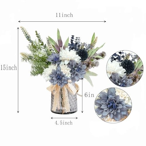 Artificial Flowers in Vase, Silk Fake Flowers with Vase, Blue Dahlia/Grey Vase gallery