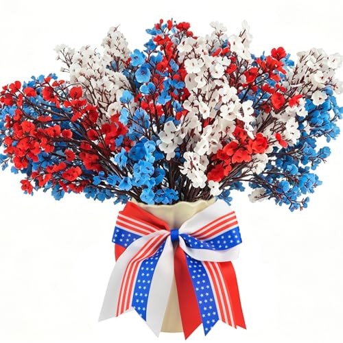 13PCS 4 of July Decor Artificial Flowers Set, 12PCS Red Red, White & Blue-13pcs