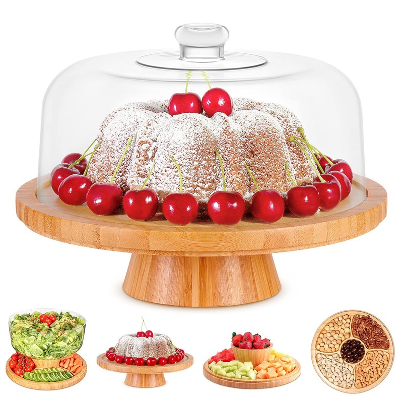 Homeries Bamboo Cake Stand with Lid, Cake Plate, (6 in 1) Multi-Functional