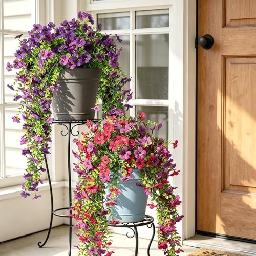 Artificial Hanging Petunia Flowers, 6 Pack UV Resistant Silk Lotus + Purple gallery