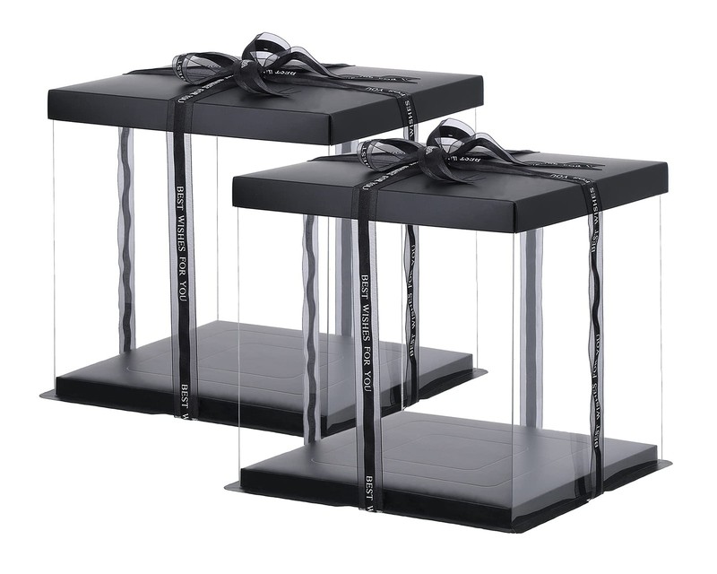 2 PCS Large Cake PET Clear Box 10x10x9 Inch Ribbon PreFolded Lid Black