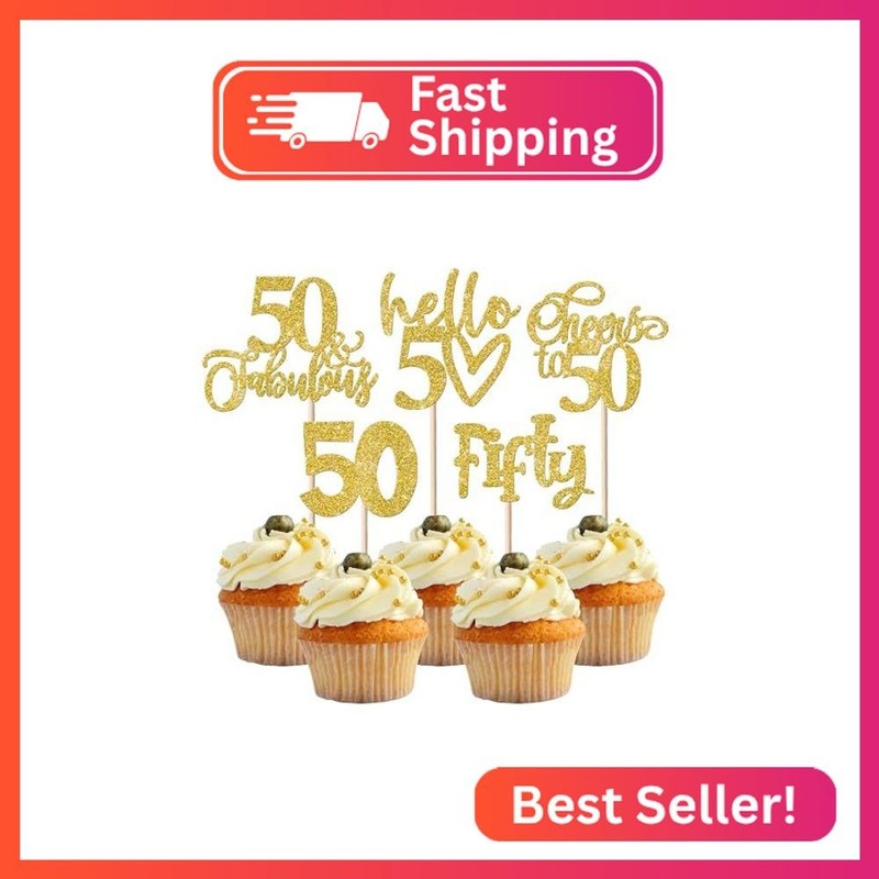 30 Pack 50th Birthday Cupcake Toppers Glitter Fifty Cheers to 50 Cupcake Picks H