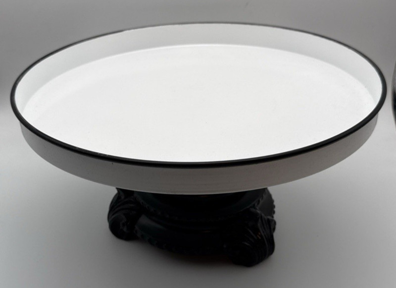 Farmhouse White Enamel Metal Large Pedestal Cake Plate/Serving Stand Black Base
