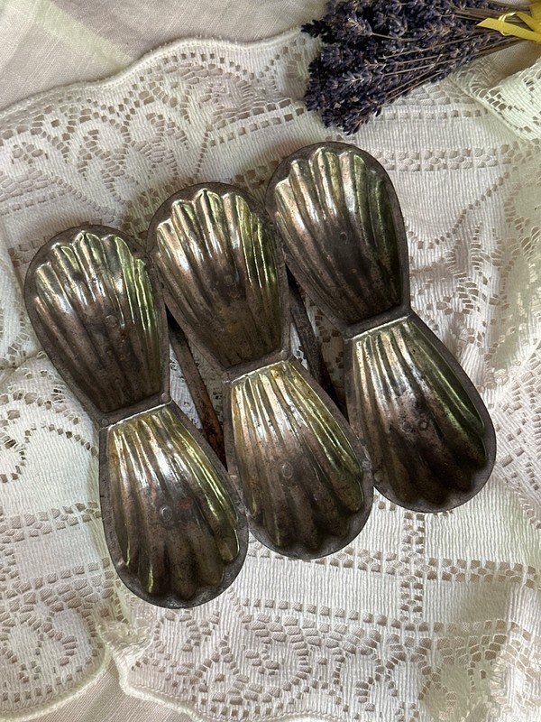 Vintage French Madeleine Molds Set of 3 Connected Tin Bakeware Rustic Decor gallery