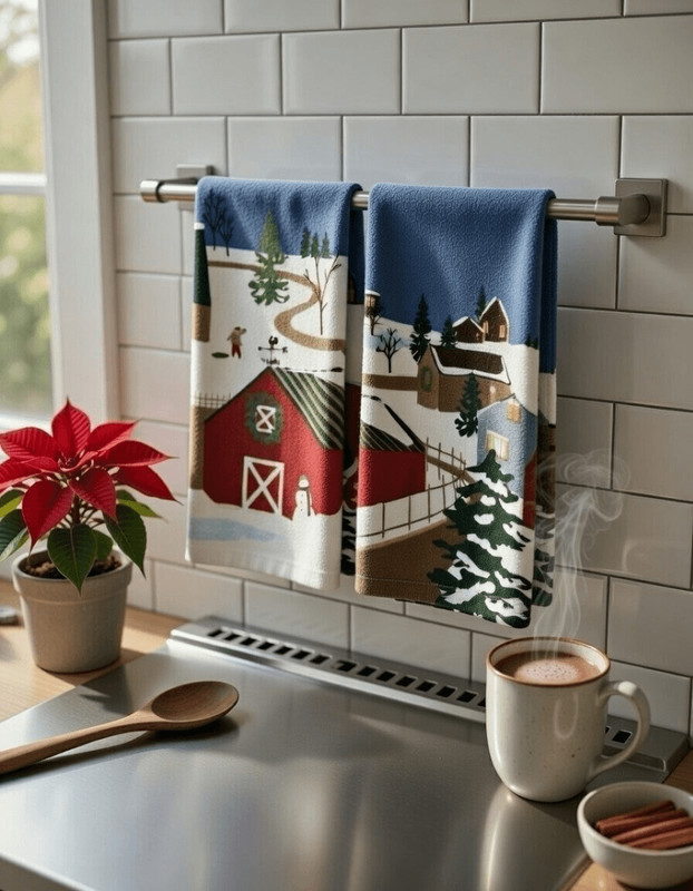 Lot of 2 Christmas Hand Towels House Barn Snow Holiday Kitchen Decor Snowman