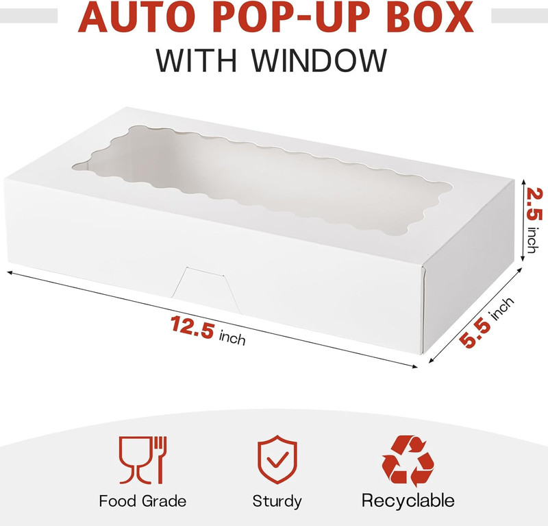 30 Pack Auto Pop-Up Cookie Boxes with Window, 12.5" X 5.5" X 2.5" White Bakery B gallery
