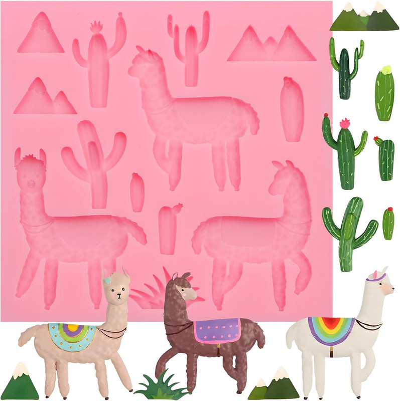 Cactus Cupcake Toppers Silicone Mold, Llama Fondant Mold Mountain Grass Candy Mo