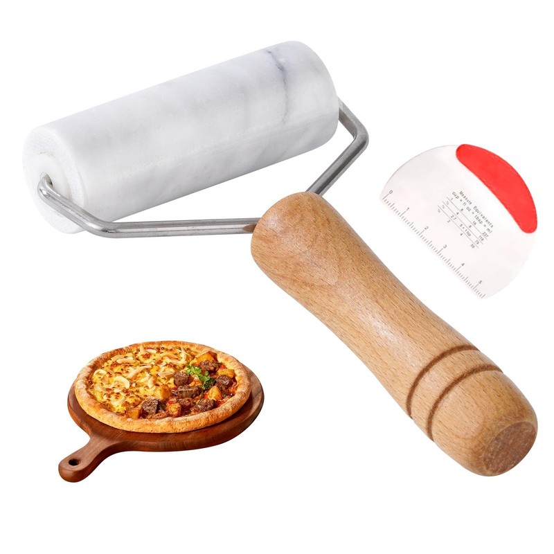 Small Marble Rolling Pin Pizza Roller with Dough Scraper Cutter, Marble Rolle…