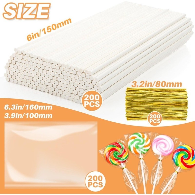 600 Pieces Cake Sticks and Wrappers Kit with Treat Bags and Twist Ties for gallery