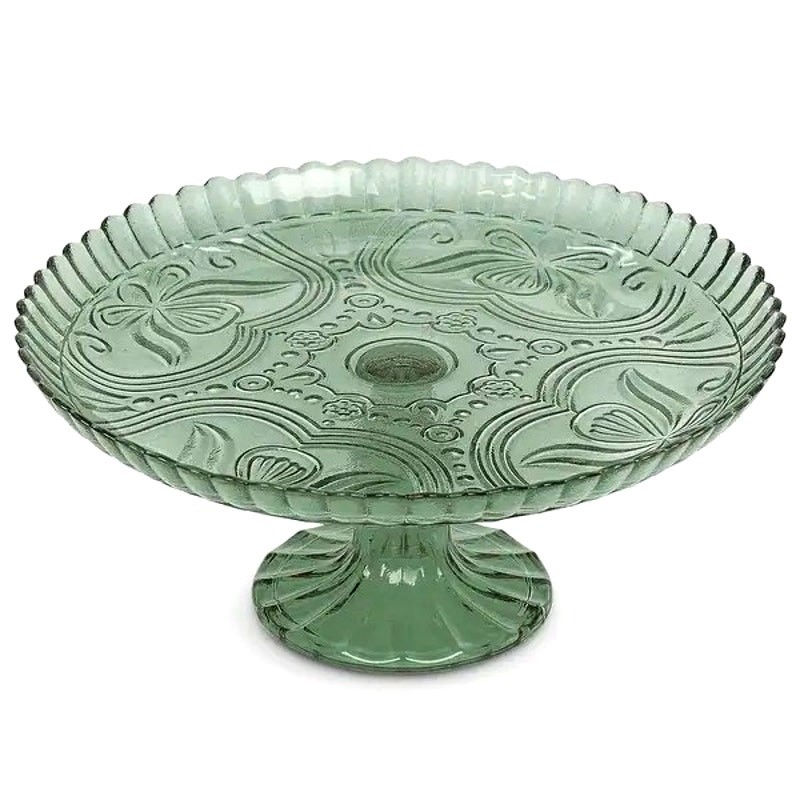 Amici Home Green Floral Footed Glass Cake Stand 10in Round Vintage Style NEW