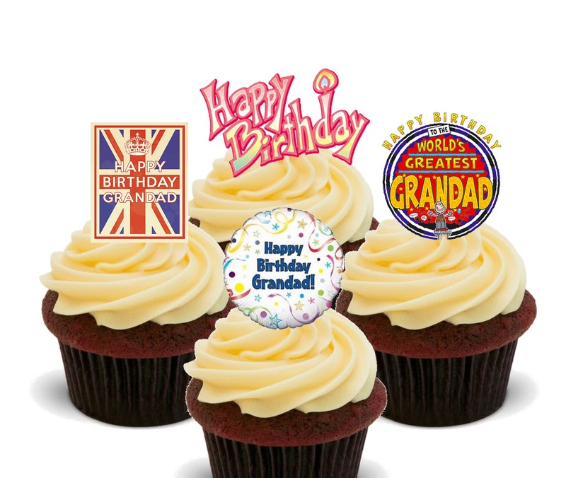 Happy Birthday Grandad Edible Cup Cake Toppers Standup Fairy Bun Decorations Men