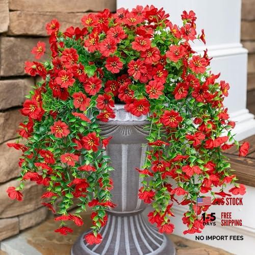 Artificial Hanging Flowers for Outdoors Decoration, 2Pcs Fake Spring Red