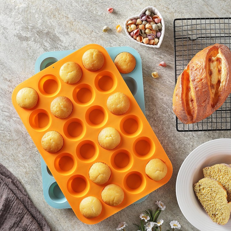 2PCS Silicone Mini Muffin & Cupcake Pan Set, 14*9.6, Orange + Peacock Blue gallery