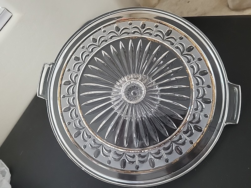 Cut Glass Heavy Cake Plate with Gold Inlay Trim gallery