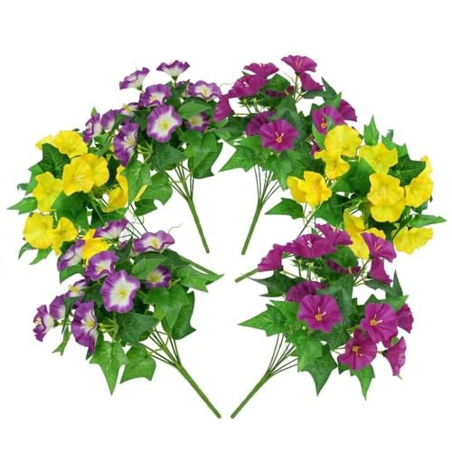 6 Bundles Artificial Morning Glories Mixed Colors (2 Yellow, 2 Purple, 2 Bi