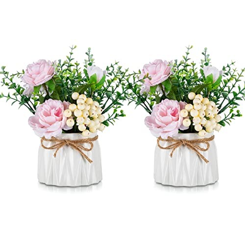 Table Decor Artificial Flowers Vase 7 Inch Small Fake Pink Rose in Vase - 2pcs gallery