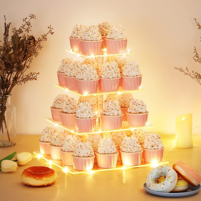 4-Tier Acrylic Cupcake Display Stand with LED String Light for Wedding Birthday gallery