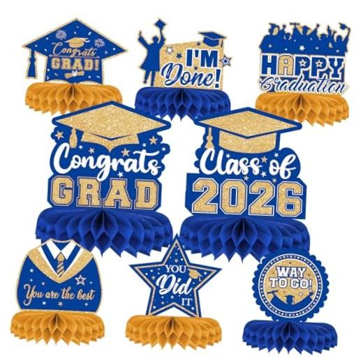 8 Pieces Class of 2026 Graduation Table Decorations – 2026 Congrats Blue Gold