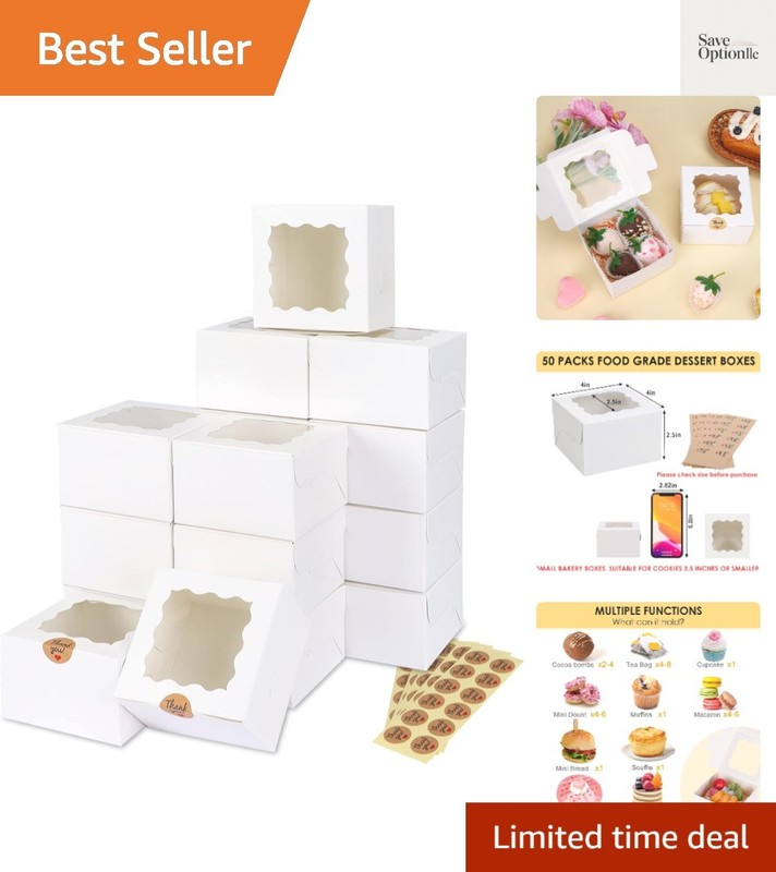 50pcs White Cookie Boxes with Window, 4x4x2.5 Inches Bakery Boxes with 5pcs S…