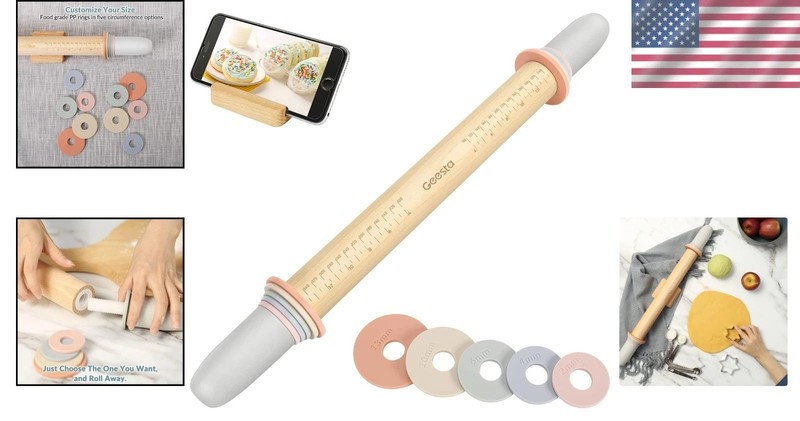 Adjustable Teak Wood Rolling Pin with 5 Thickness Rings - Precision Baking Tool gallery