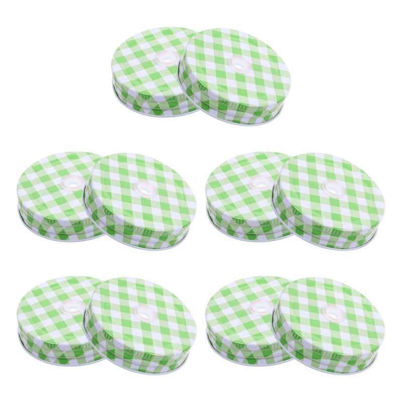 10pcs Mason Jar Lids with Straw Hole, Green Gingham Checkered Regular Mouth gallery