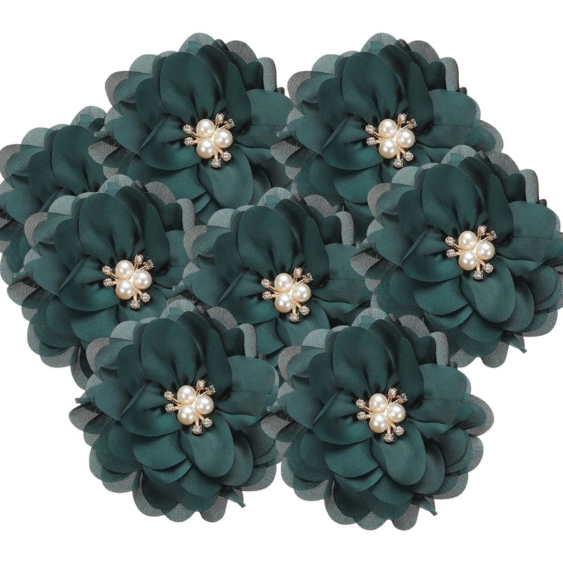 3.15 Inch Rhinestone Chiffon Flower, 5 Pcs Fabric Appliques, Dark Green