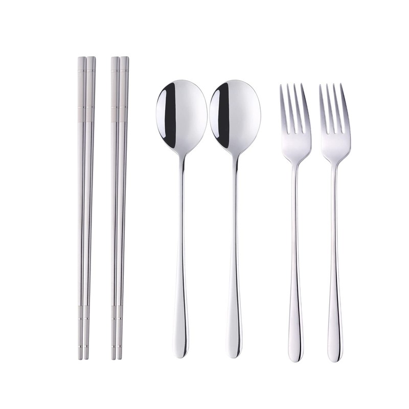 Buyer Star Stainless Steel Korean Chopsticks Spoons and Fork Set, 2 Pack Reus