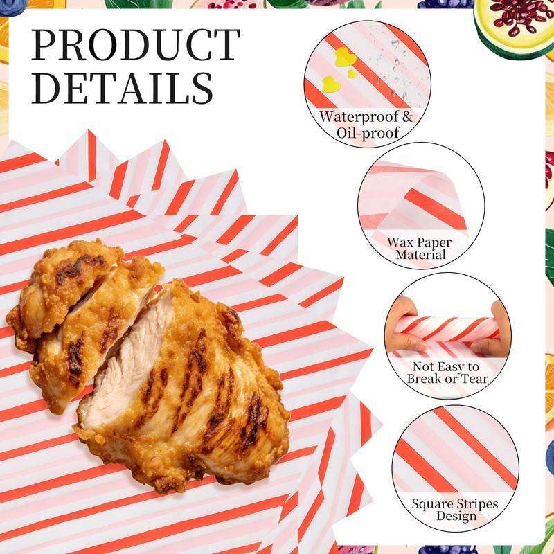 100 Pack Wax Paper Sheets, 11.8" x 11.8" Square Stripes Wrapping Paper, Red/Pink gallery